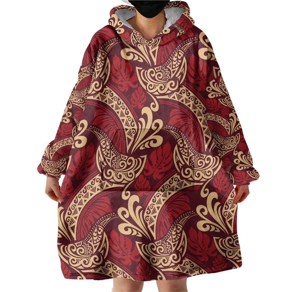 Luxury Red Monstera Wearable Blanket Hoodie Polynesian Tribal Pattern - Polynesian Pride