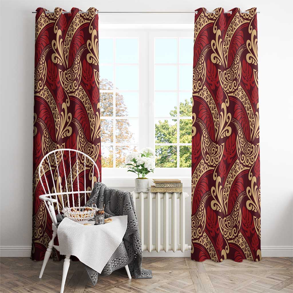 Luxury Red Monstera Window Curtain Polynesian Tribal Pattern - Polynesian Pride