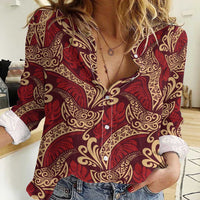 Luxury Red Monstera Women Casual Shirt Polynesian Tribal Pattern - Polynesian Pride