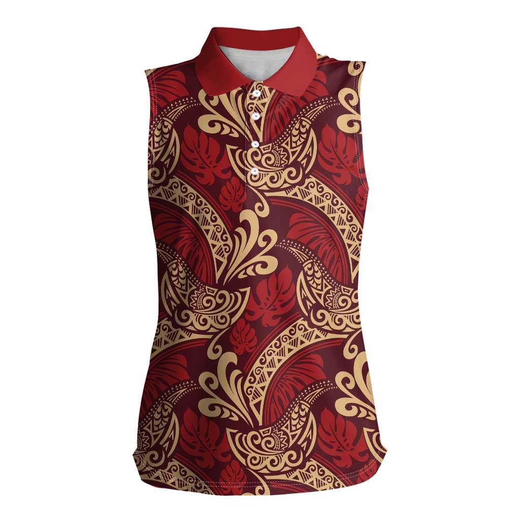 Luxury Red Monstera Women Sleeveless Polo Shirt Polynesian Tribal Pattern - Polynesian Pride