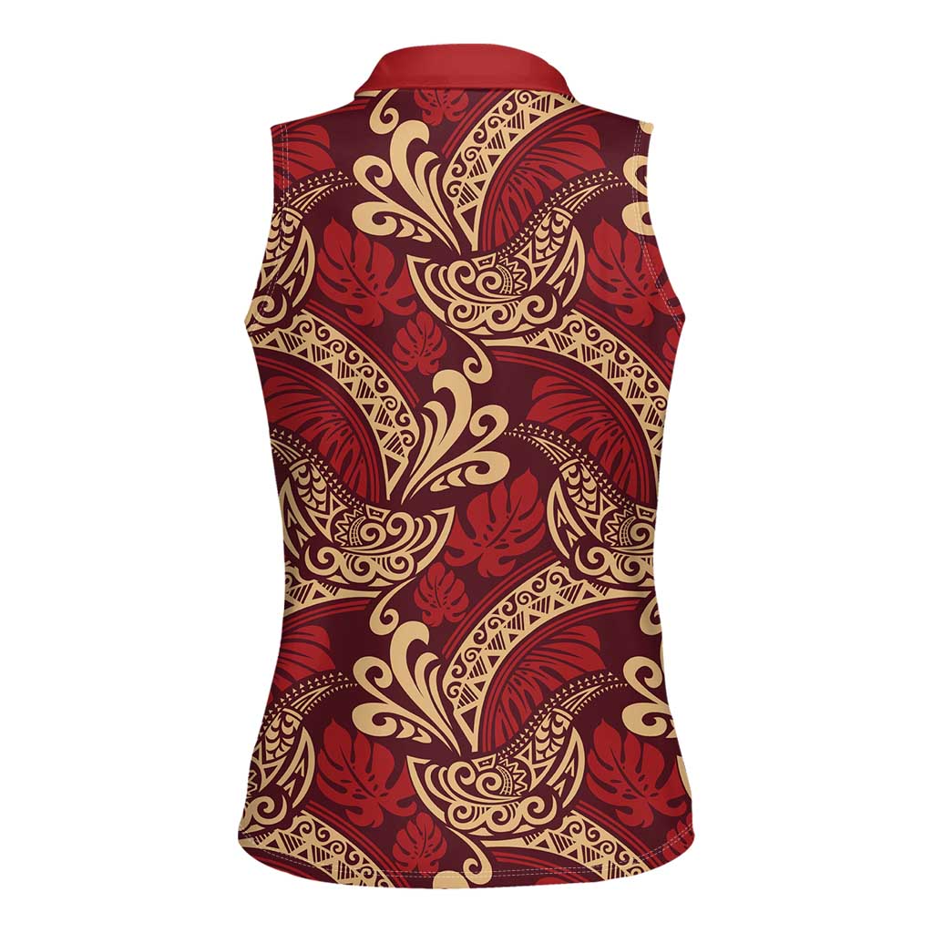 Luxury Red Monstera Women Sleeveless Polo Shirt Polynesian Tribal Pattern - Polynesian Pride