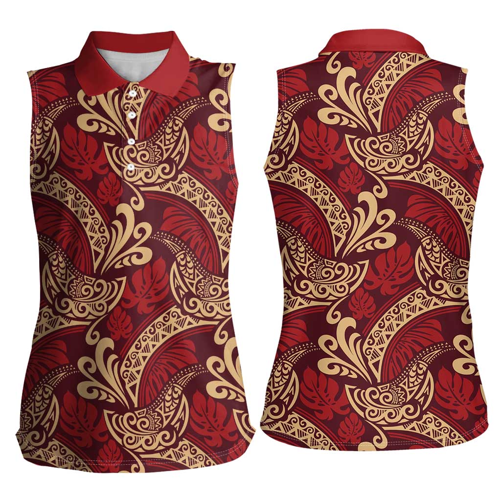 Luxury Red Monstera Women Sleeveless Polo Shirt Polynesian Tribal Pattern - Polynesian Pride