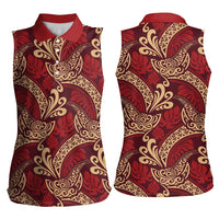 Luxury Red Monstera Women Sleeveless Polo Shirt Polynesian Tribal Pattern - Polynesian Pride