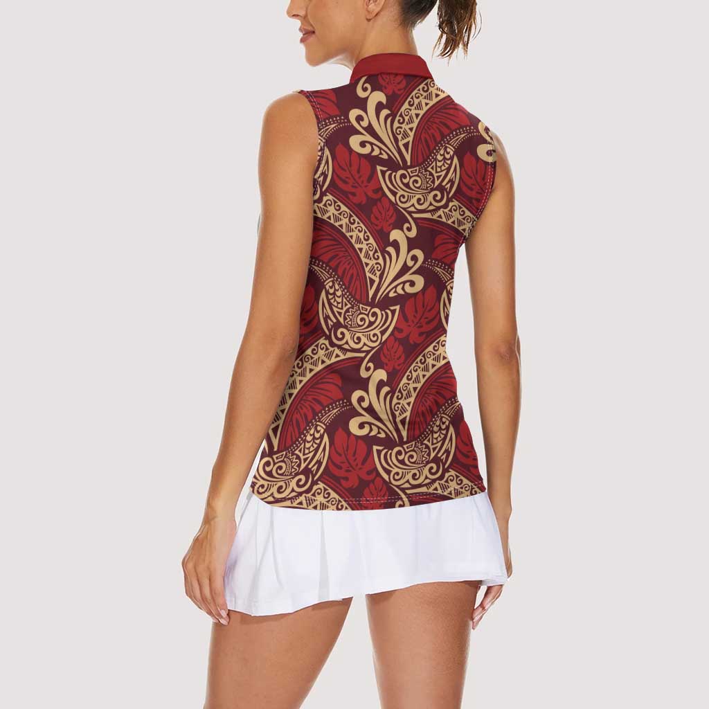 Luxury Red Monstera Women Sleeveless Polo Shirt Polynesian Tribal Pattern - Polynesian Pride