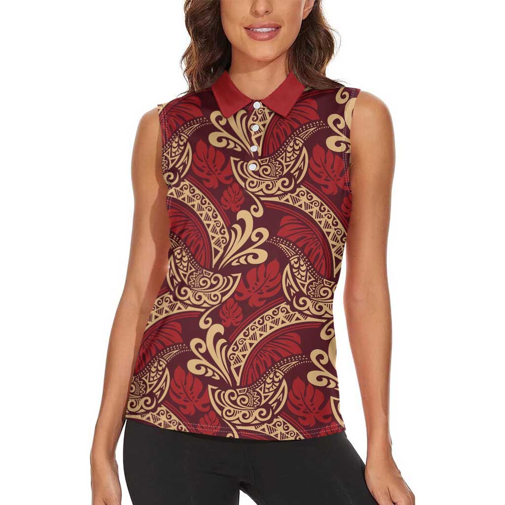 Luxury Red Monstera Women Sleeveless Polo Shirt Polynesian Tribal Pattern - Polynesian Pride