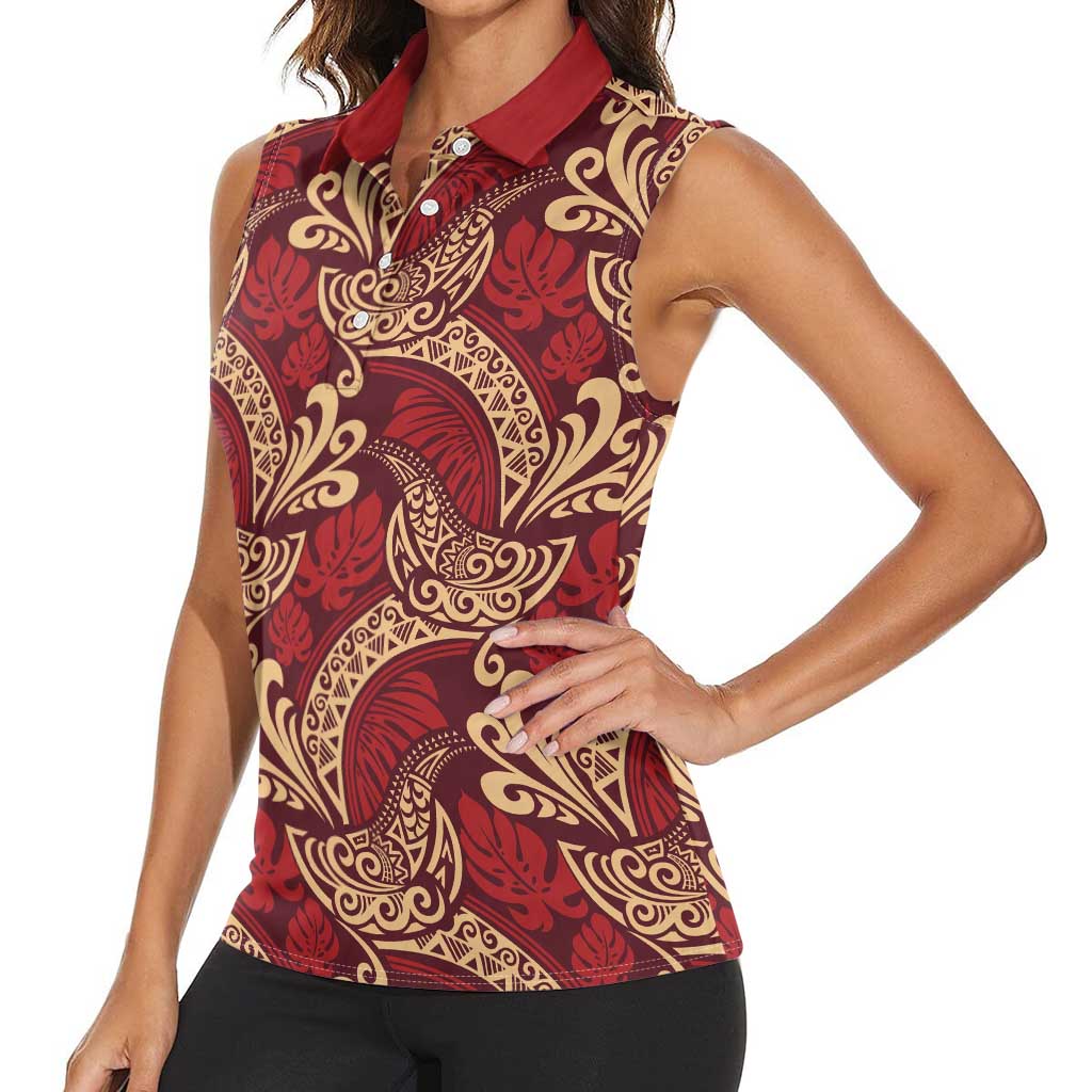 Luxury Red Monstera Women Sleeveless Polo Shirt Polynesian Tribal Pattern - Polynesian Pride