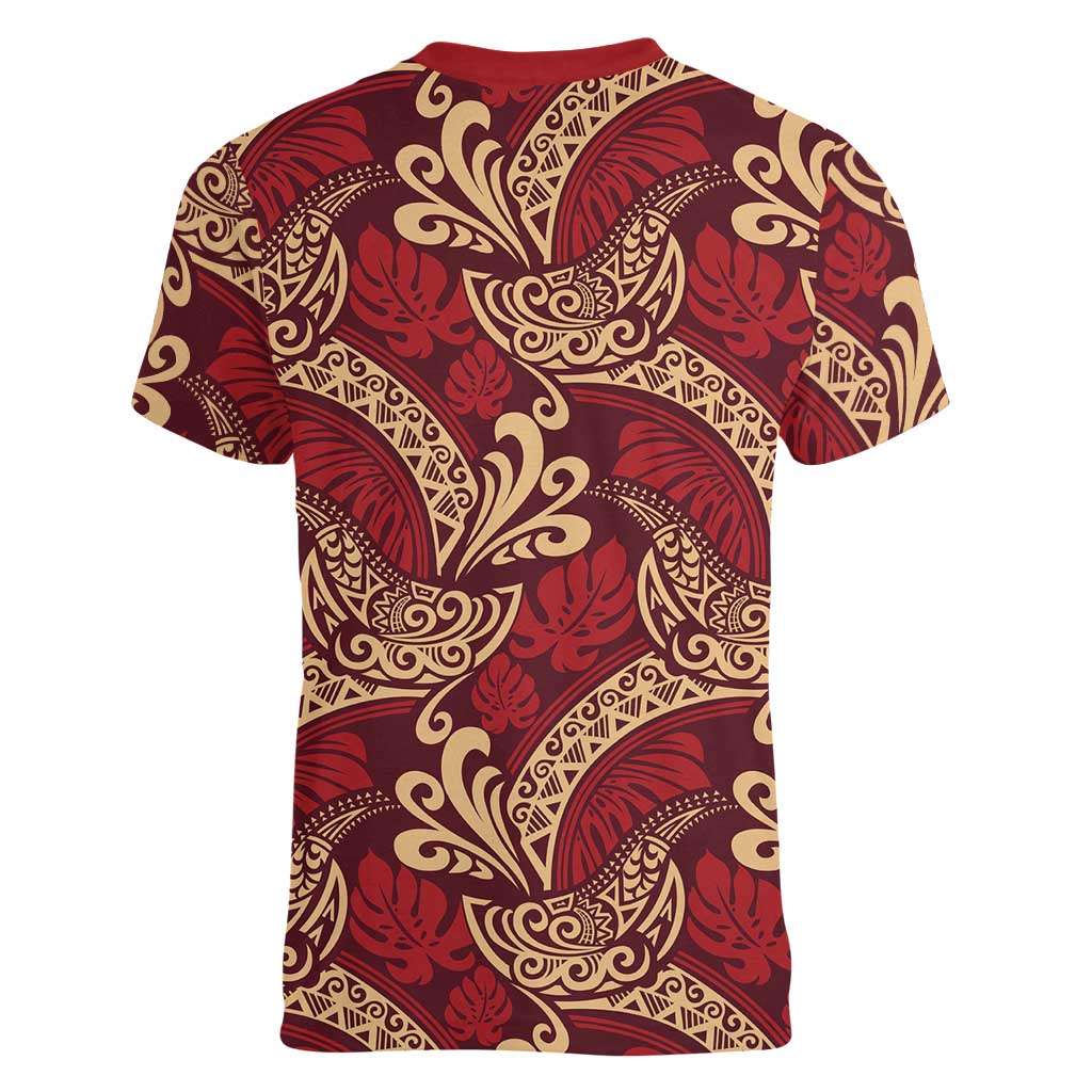 Luxury Red Monstera Women V-Neck T-Shirt Polynesian Tribal Pattern - Polynesian Pride