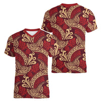 Luxury Red Monstera Women V-Neck T-Shirt Polynesian Tribal Pattern - Polynesian Pride
