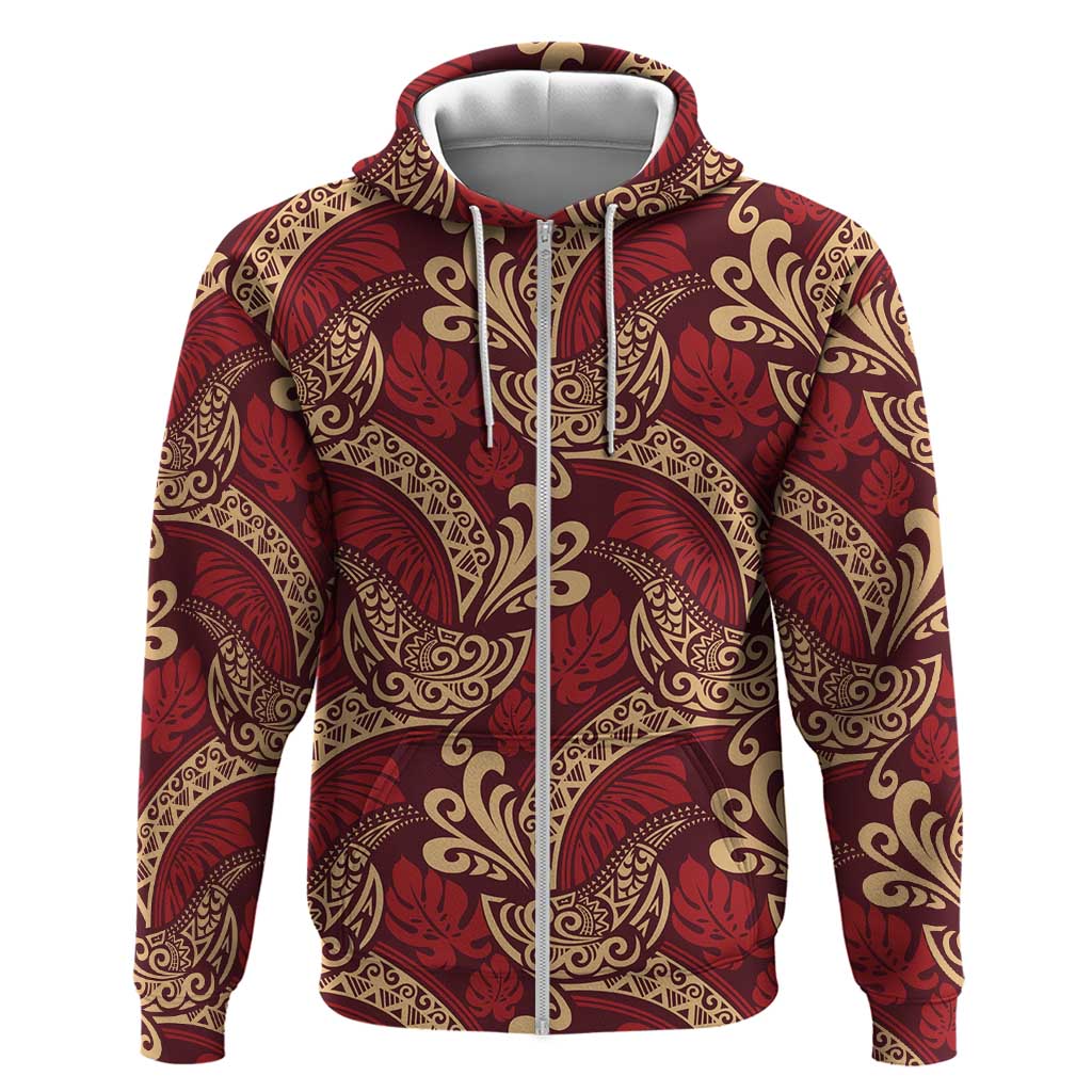 Luxury Red Monstera Zip Hoodie Polynesian Tribal Pattern LT01 Zip Hoodie Red - Polynesian Pride