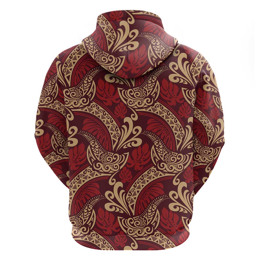Luxury Red Monstera Zip Hoodie Polynesian Tribal Pattern - Polynesian Pride
