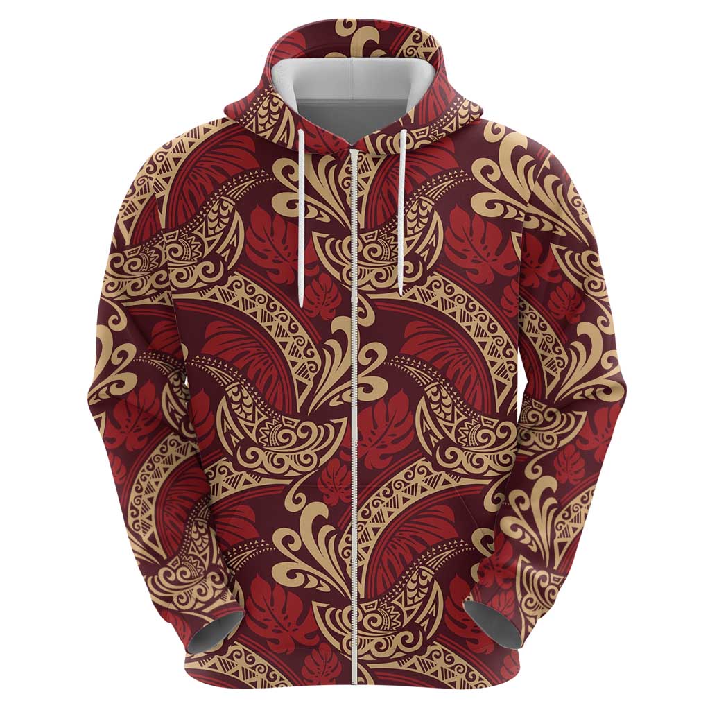 Luxury Red Monstera Zip Hoodie Polynesian Tribal Pattern - Polynesian Pride