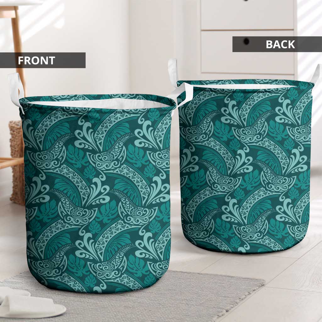 Teal Monstera Laundry Basket Polynesian Tribal Pattern - Polynesian Pride