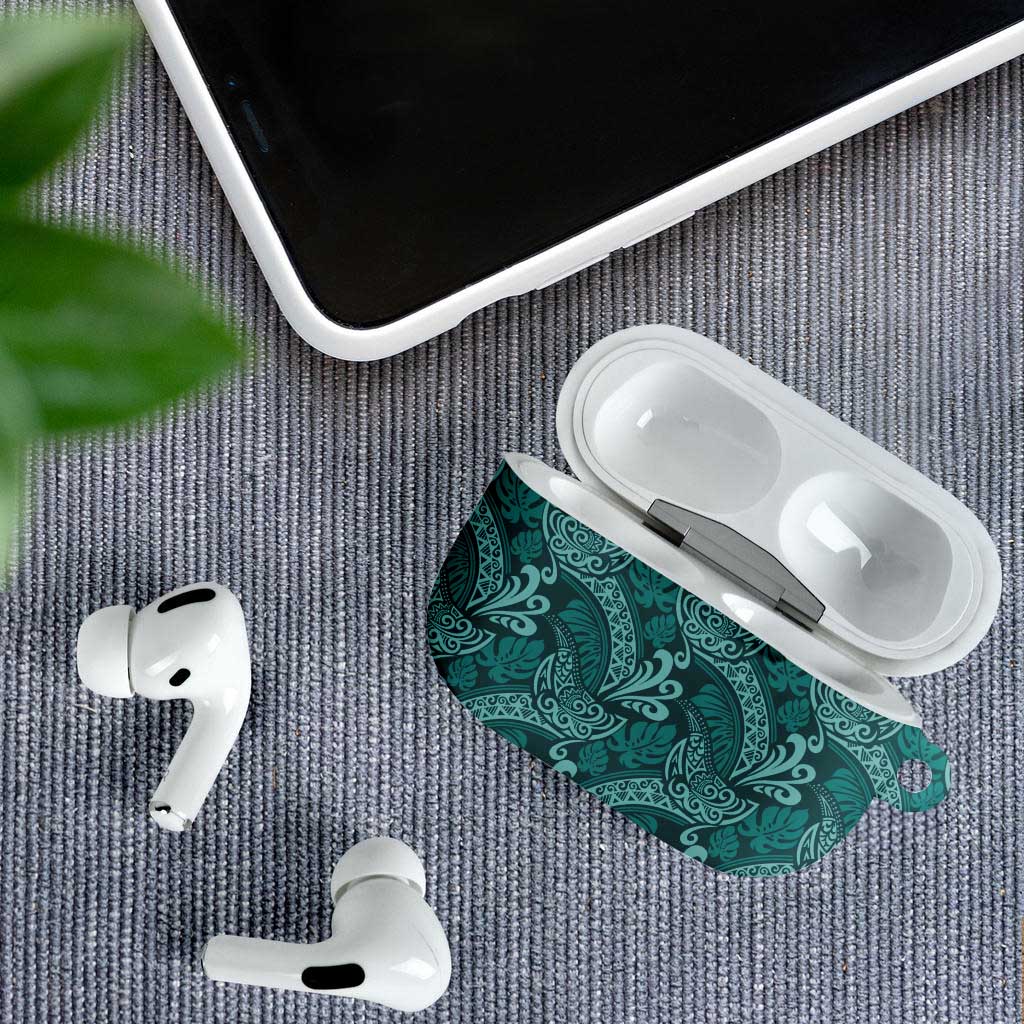 Teal Monstera AirPods Case Polynesian Tribal Pattern - Polynesian Pride