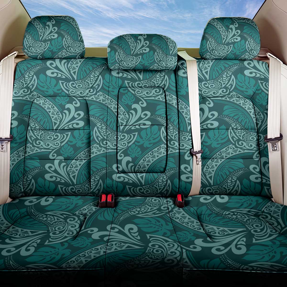 Teal Monstera Back Car Seat Cover Polynesian Tribal Pattern - Polynesian Pride
