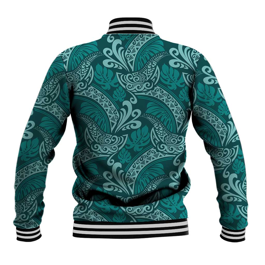 Teal Monstera Baseball Jacket Polynesian Tribal Pattern - Polynesian Pride