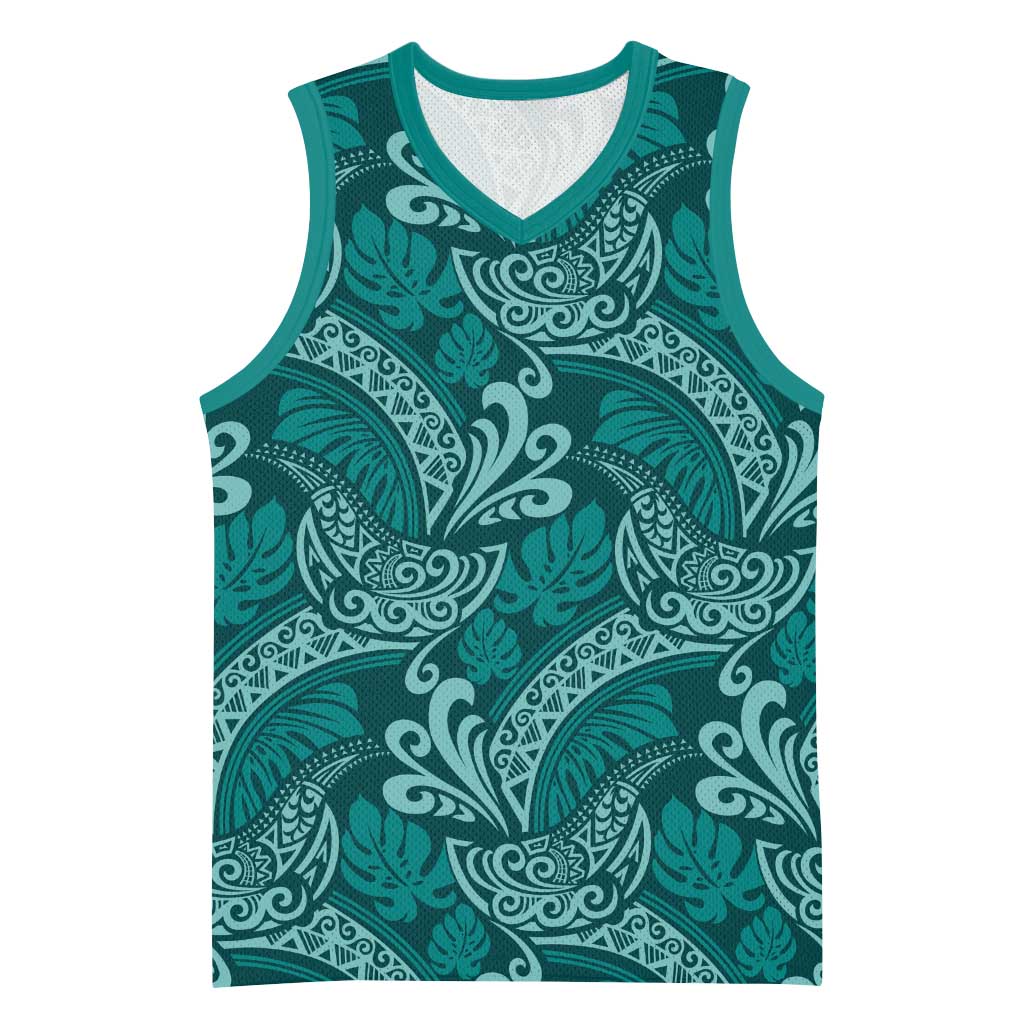 Teal Monstera Basketball Jersey Polynesian Tribal Pattern - Polynesian Pride