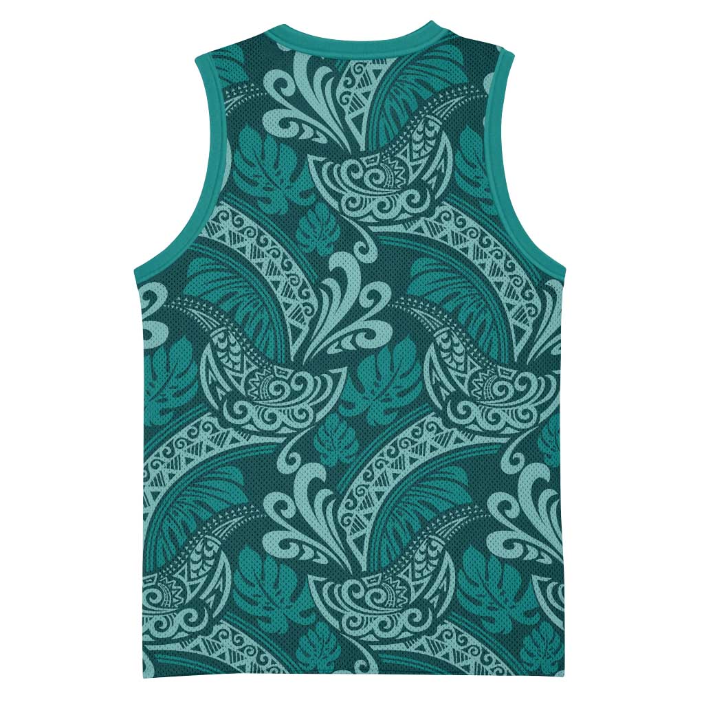 Teal Monstera Basketball Jersey Polynesian Tribal Pattern - Polynesian Pride