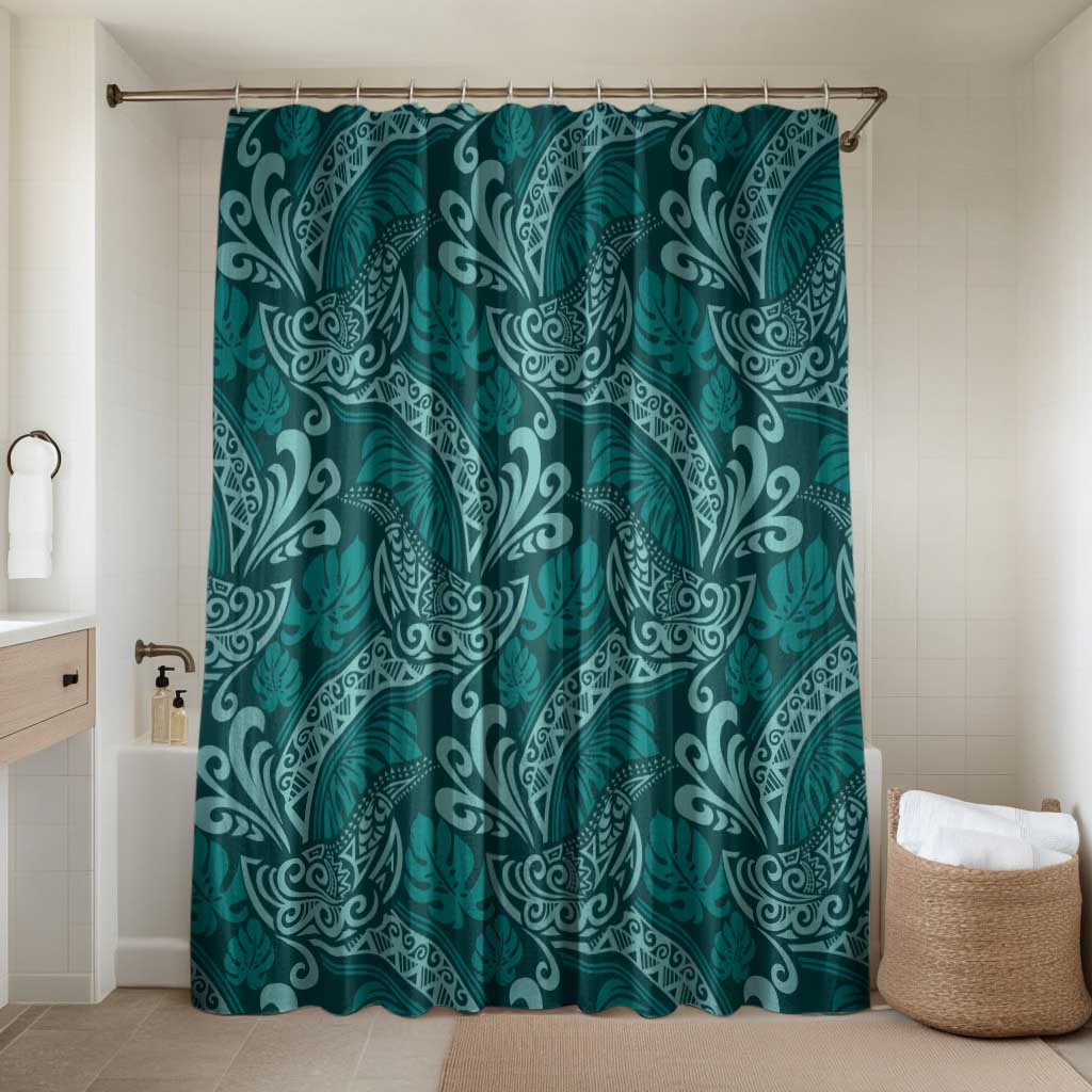 Teal Monstera Bathroom Set Polynesian Tribal Pattern - Polynesian Pride