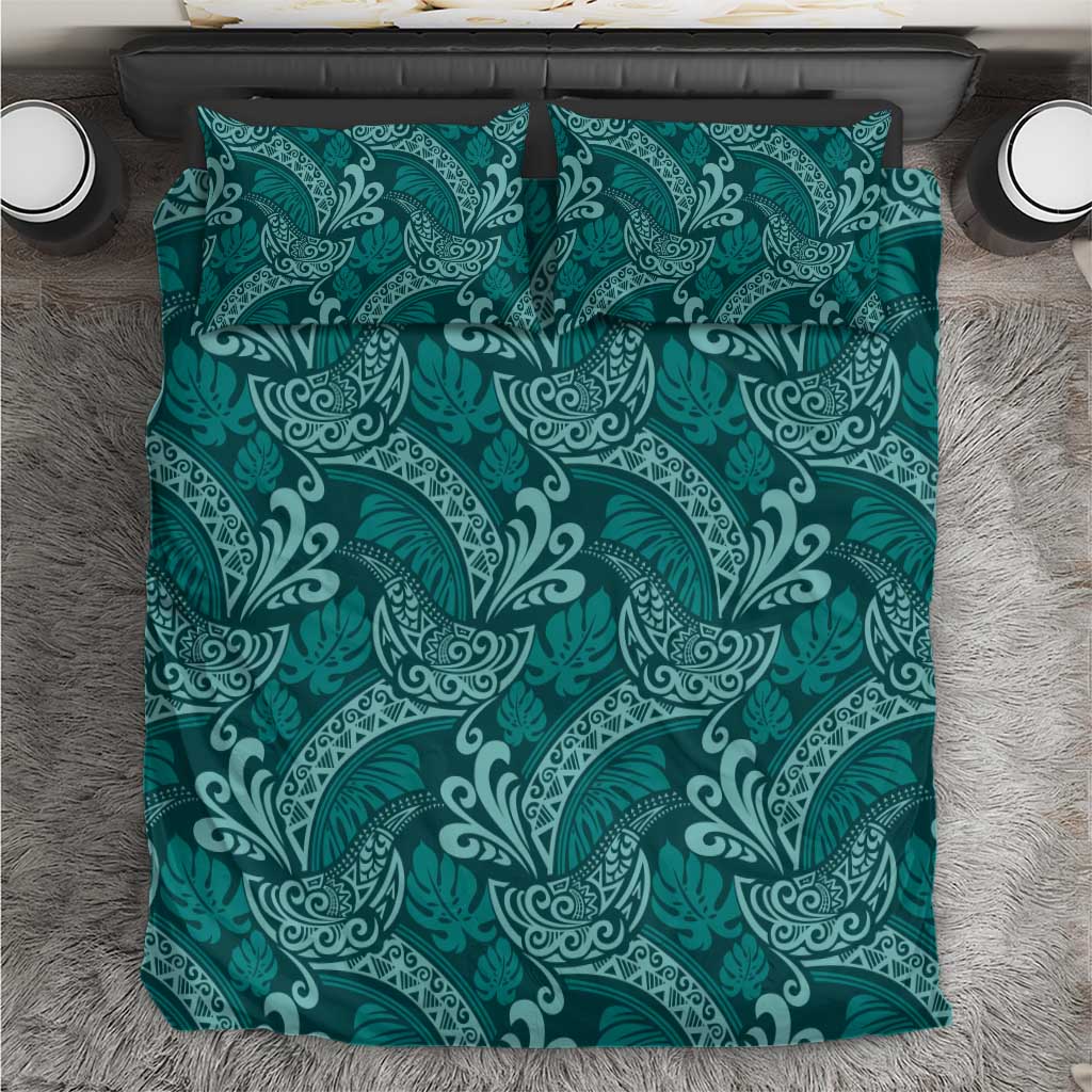 Teal Monstera Bedding Set Polynesian Tribal Pattern - Polynesian Pride