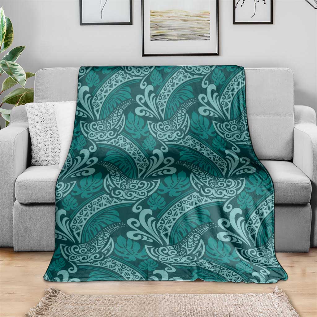 Teal Monstera Blanket Polynesian Tribal Pattern - Polynesian Pride