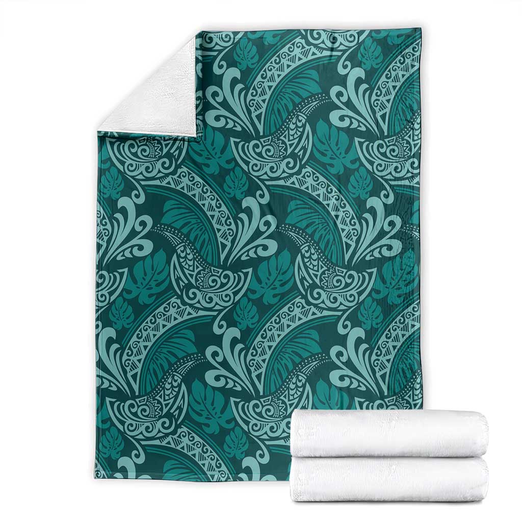 Teal Monstera Blanket Polynesian Tribal Pattern - Polynesian Pride