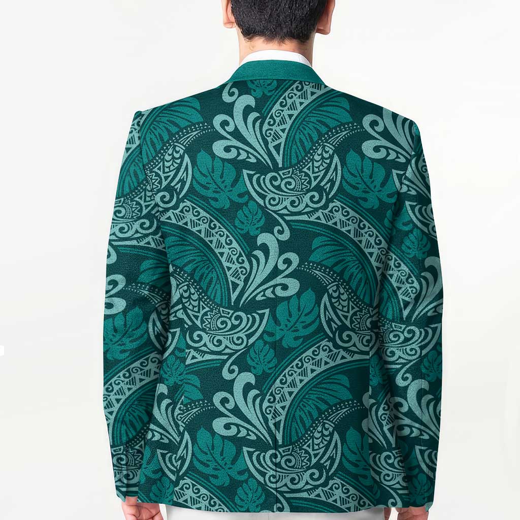 Teal Monstera Blazer Polynesian Tribal Pattern - Polynesian Pride