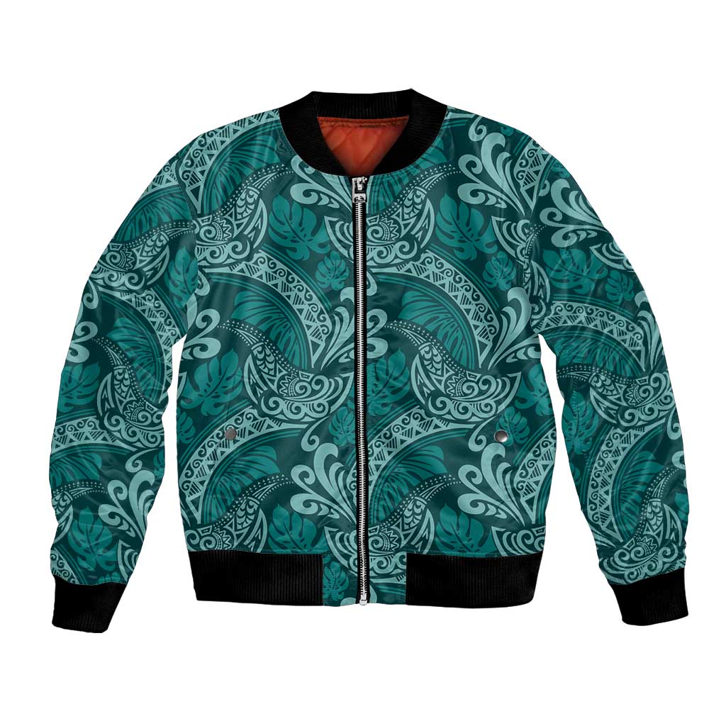 Teal Monstera Bomber Jacket Polynesian Tribal Pattern - Polynesian Pride