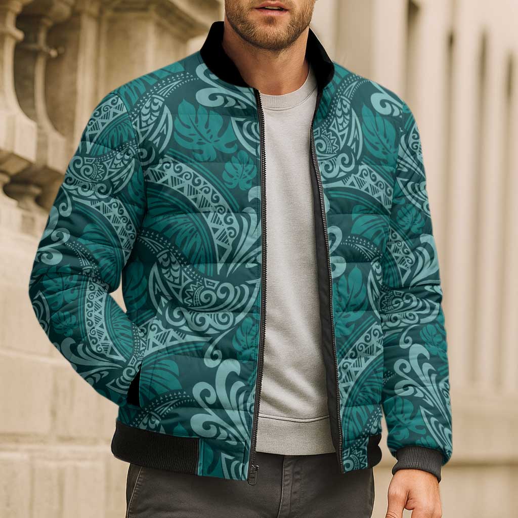 Teal Monstera Bomber Puffer Jacket Polynesian Tribal Pattern - Polynesian Pride