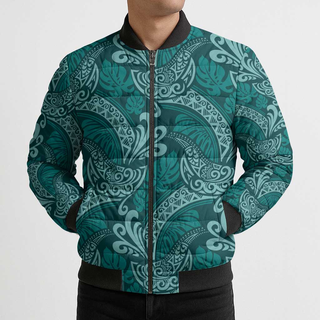 Teal Monstera Bomber Puffer Jacket Polynesian Tribal Pattern - Polynesian Pride
