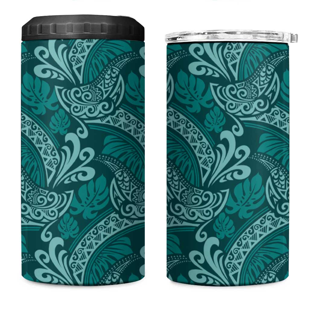 Teal Monstera 4 in 1 Can Cooler Tumbler Polynesian Tribal Pattern - Polynesian Pride