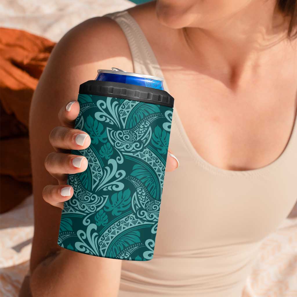 Teal Monstera 4 in 1 Can Cooler Tumbler Polynesian Tribal Pattern - Polynesian Pride