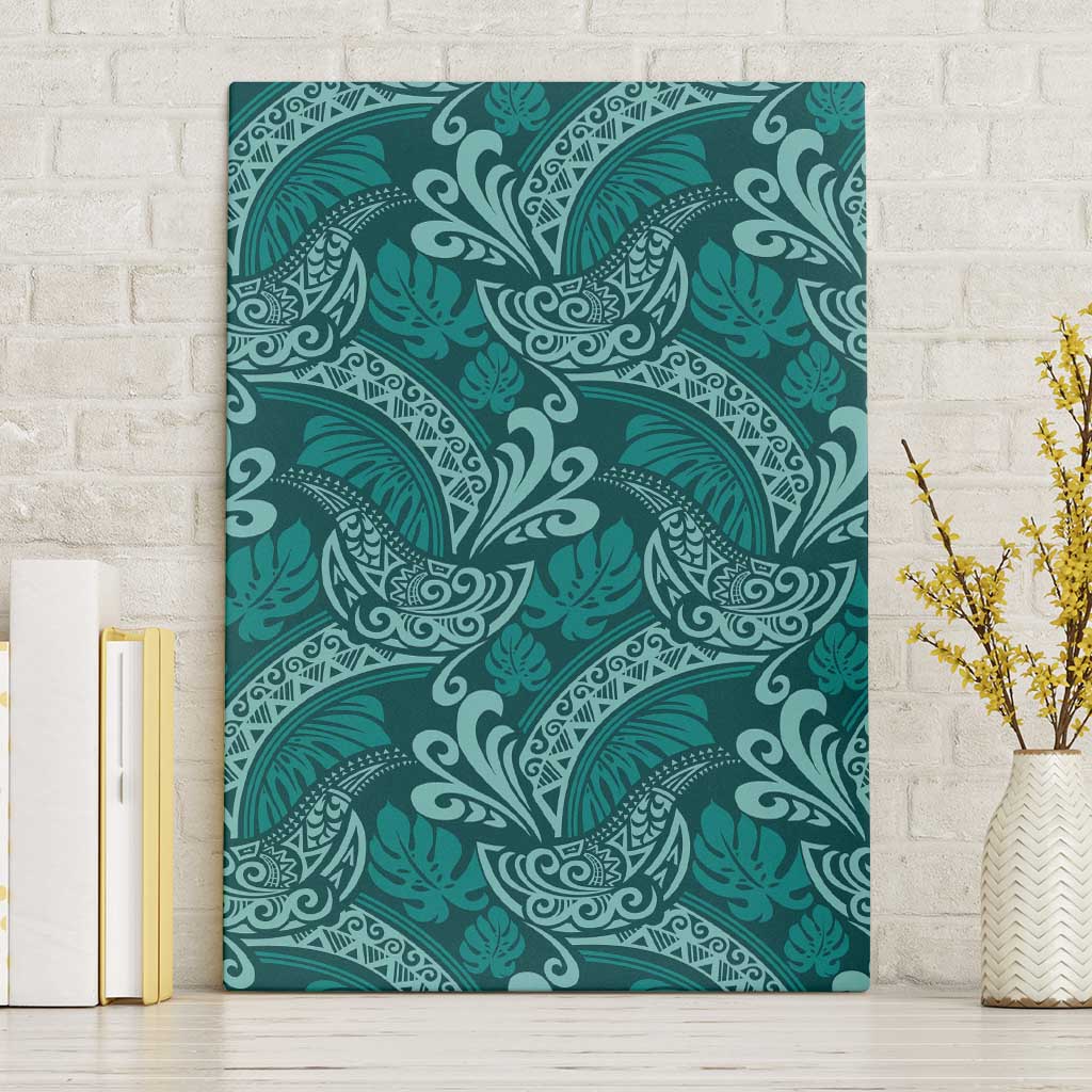 Teal Monstera Canvas Wall Art Polynesian Tribal Pattern - Polynesian Pride