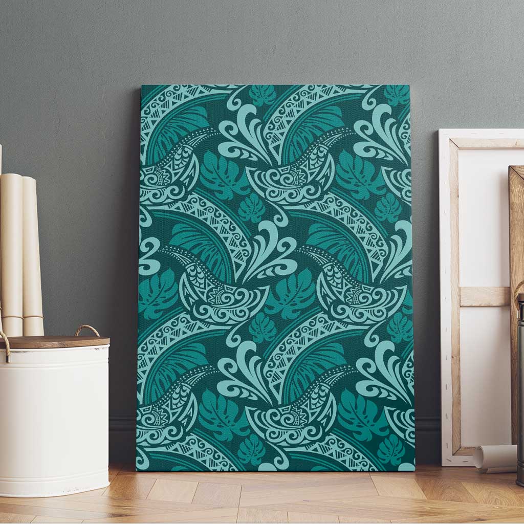Teal Monstera Canvas Wall Art Polynesian Tribal Pattern - Polynesian Pride