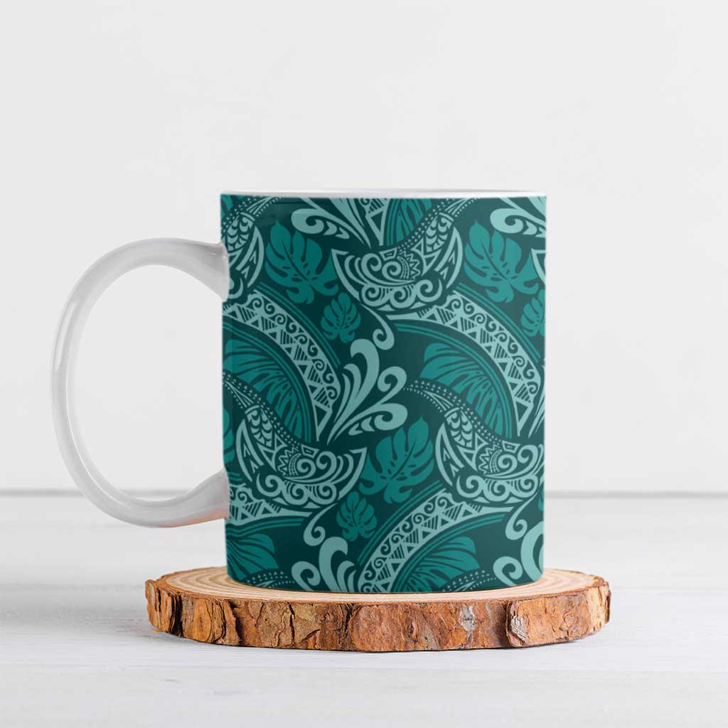Teal Monstera Ceramic Mug Polynesian Tribal Pattern - Polynesian Pride