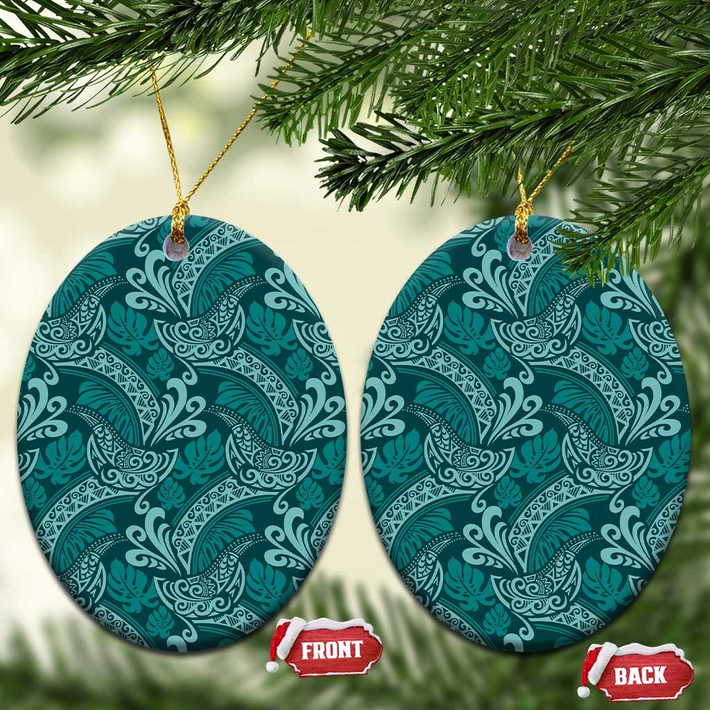Teal Monstera Ceramic Ornament Polynesian Tribal Pattern - Polynesian Pride