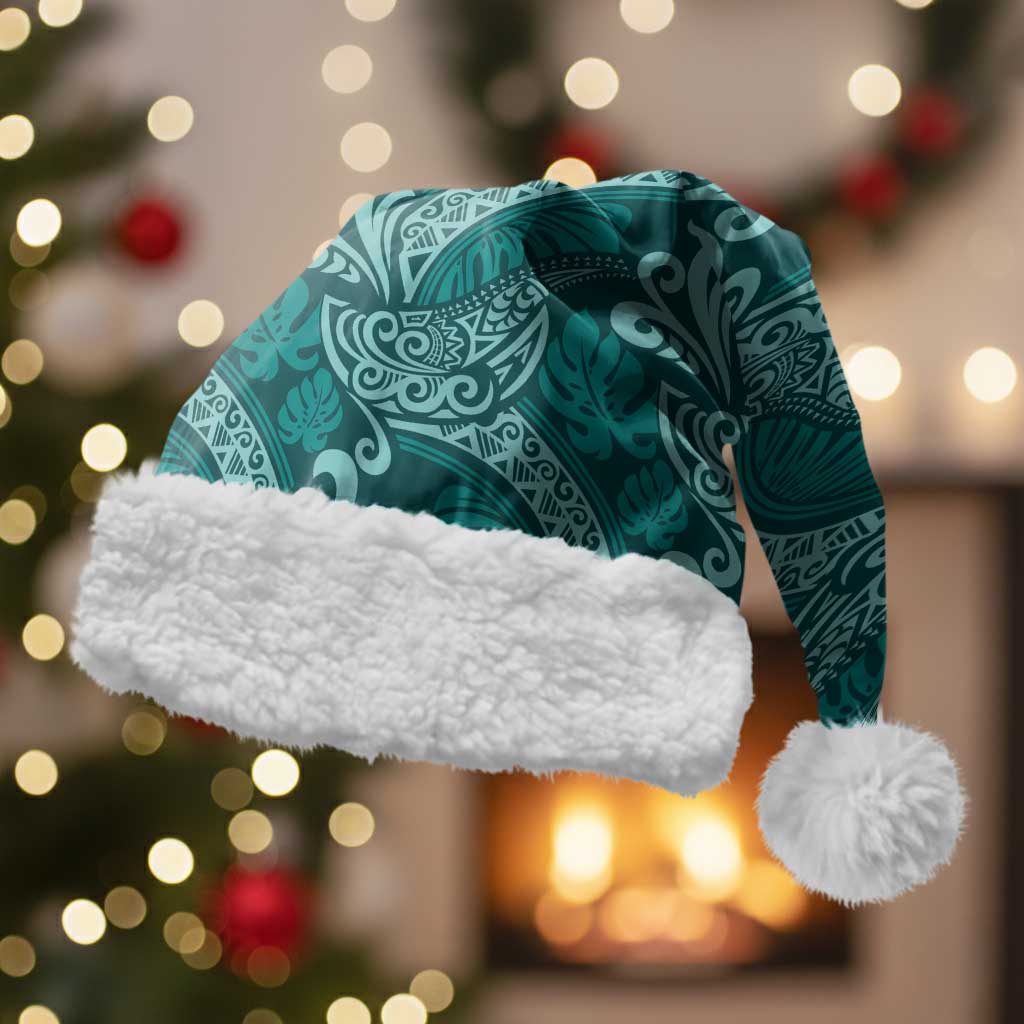 Teal Monstera Christmas Santa Hat Polynesian Tribal Pattern - Polynesian Pride