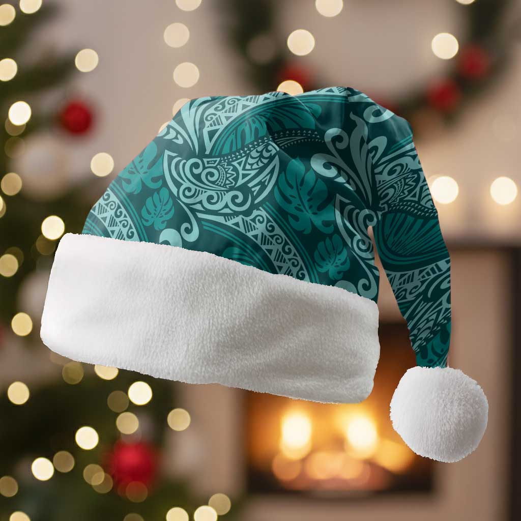 Teal Monstera Christmas Santa Hat Polynesian Tribal Pattern - Polynesian Pride
