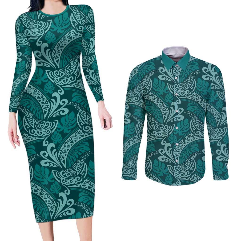Teal Monstera Couples Matching Long Sleeve Bodycon Dress and Long Sleeve Button Shirt Polynesian Tribal Pattern - Polynesian Pride