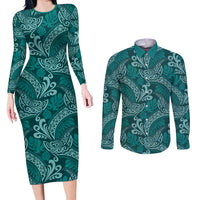 Teal Monstera Couples Matching Long Sleeve Bodycon Dress and Long Sleeve Button Shirt Polynesian Tribal Pattern - Polynesian Pride