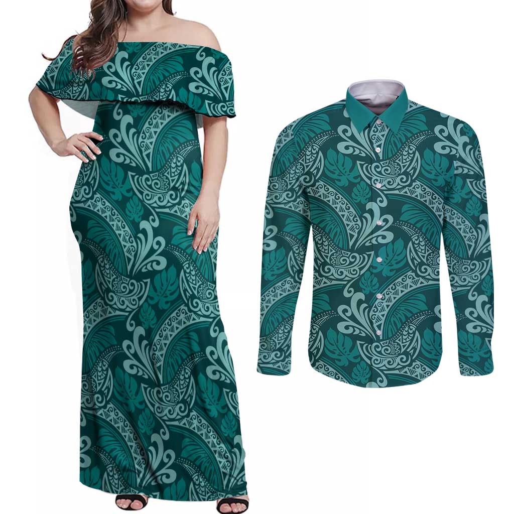Teal Monstera Couples Matching Off Shoulder Maxi Dress and Long Sleeve Button Shirt Polynesian Tribal Pattern - Polynesian Pride