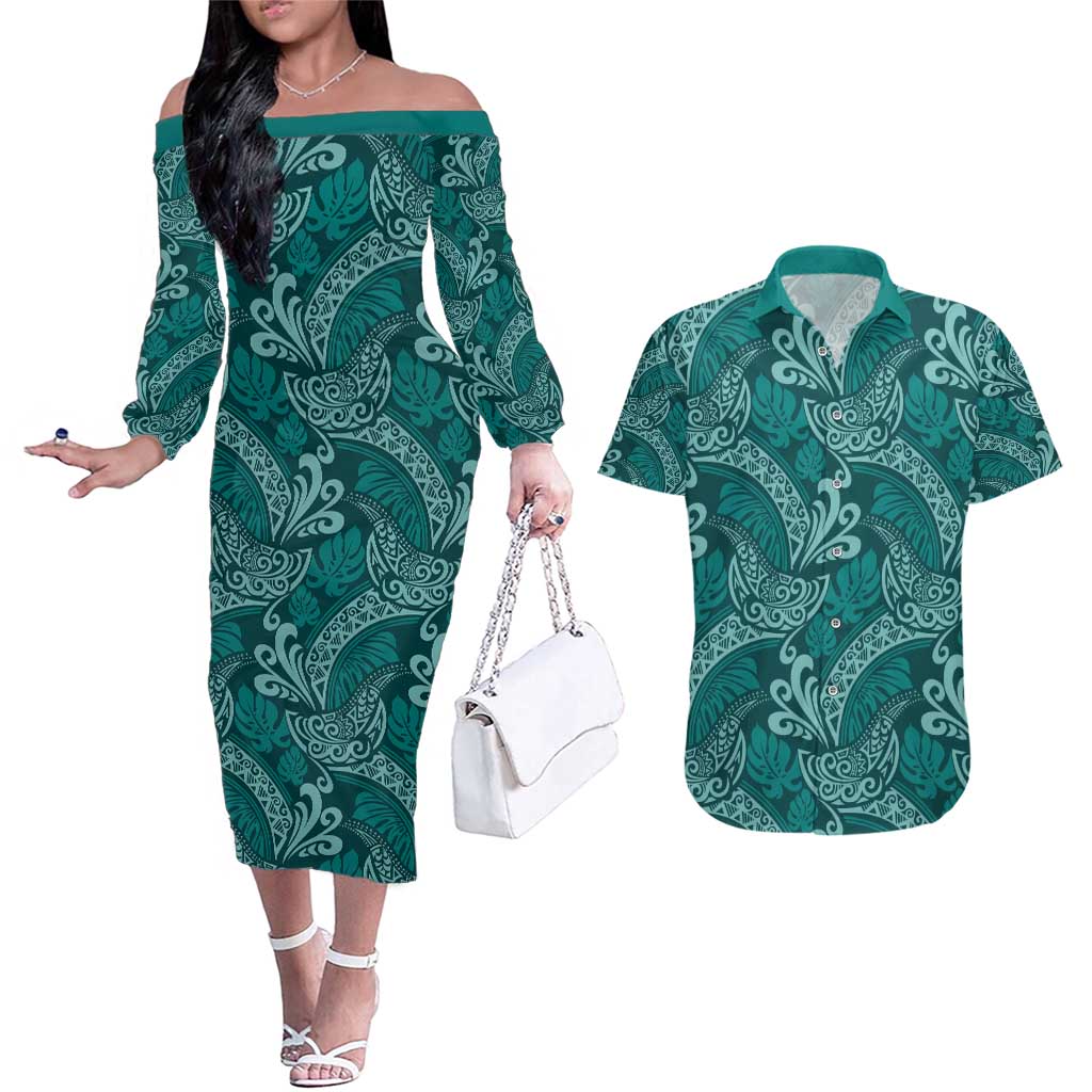 Teal Monstera Couples Matching Off The Shoulder Long Sleeve Dress and Hawaiian Shirt Polynesian Tribal Pattern - Polynesian Pride