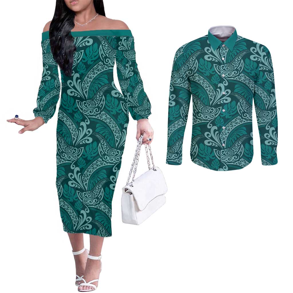 Teal Monstera Couples Matching Off The Shoulder Long Sleeve Dress and Long Sleeve Button Shirt Polynesian Tribal Pattern - Polynesian Pride