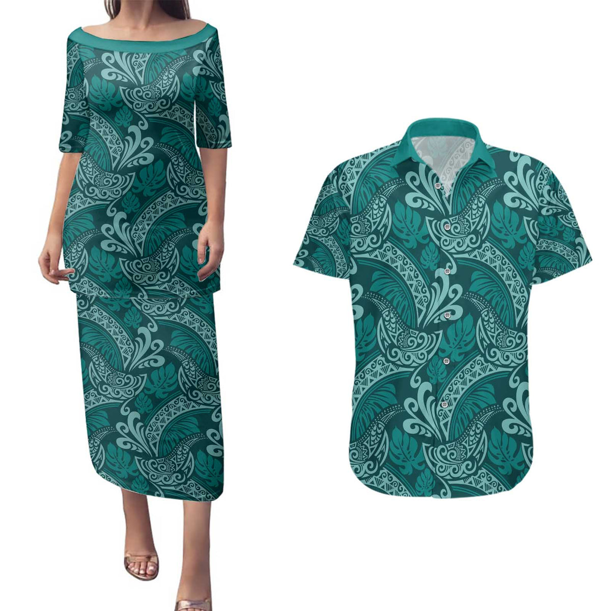 Teal Monstera Couples Matching Puletasi and Hawaiian Shirt Polynesian Tribal Pattern - Polynesian Pride