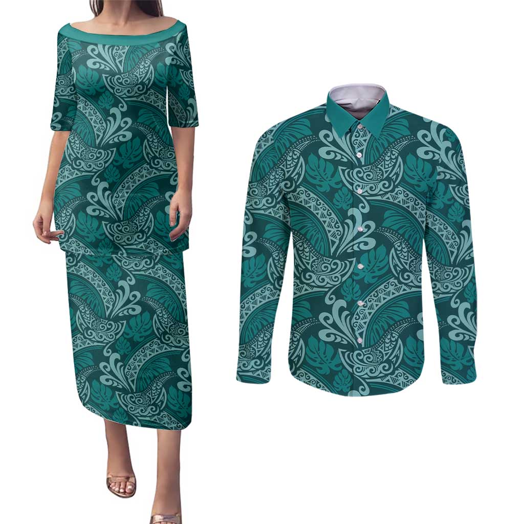 Teal Monstera Couples Matching Puletasi and Long Sleeve Button Shirt Polynesian Tribal Pattern - Polynesian Pride