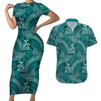 Teal Monstera Couples Matching Short Sleeve Bodycon Dress and Hawaiian Shirt Polynesian Tribal Pattern - Polynesian Pride