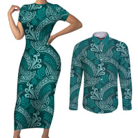 Teal Monstera Couples Matching Short Sleeve Bodycon Dress and Long Sleeve Button Shirt Polynesian Tribal Pattern - Polynesian Pride