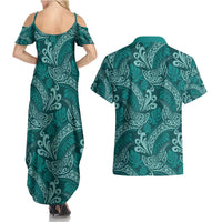 Teal Monstera Couples Matching Summer Maxi Dress and Hawaiian Shirt Polynesian Tribal Pattern - Polynesian Pride