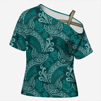 Teal Monstera Cross Shoulder Shirt Polynesian Tribal Pattern - Polynesian Pride