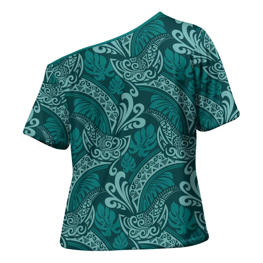 Teal Monstera Cross Shoulder Shirt Polynesian Tribal Pattern - Polynesian Pride
