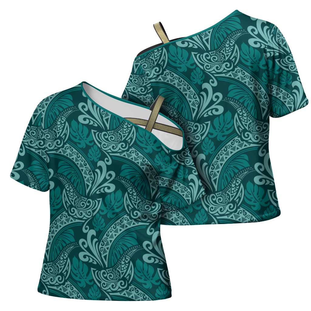 Teal Monstera Cross Shoulder Shirt Polynesian Tribal Pattern - Polynesian Pride